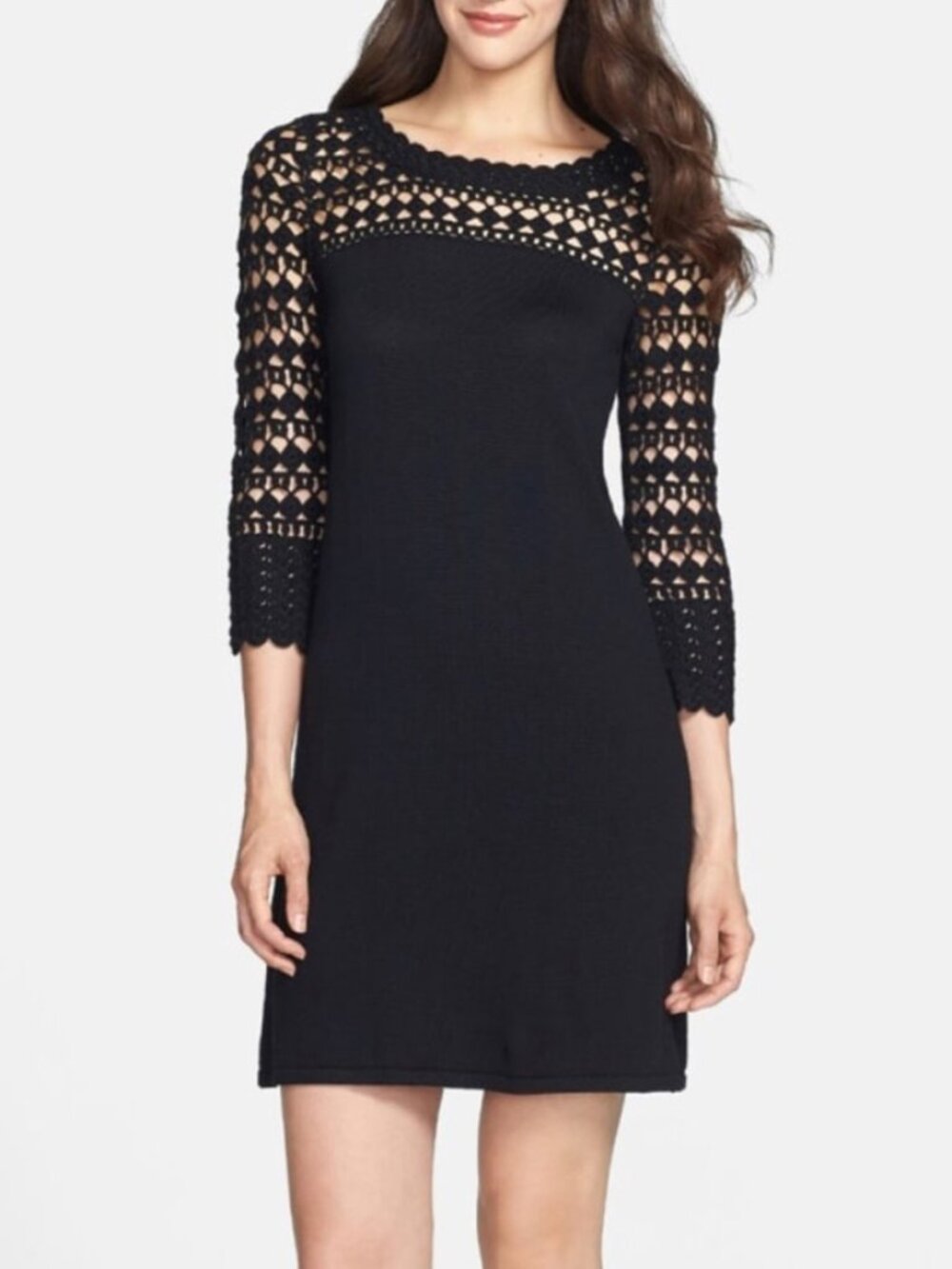 Lilly Pulitzer Karina 100% Merino Wool Crochet 3/4 Sleeve Shift Mini Dress